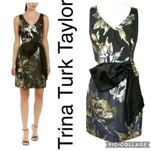 (N5) Trina Turk Taylor Metallic Floral Print Mini Dress,Black Gold Cocktail Sz 2